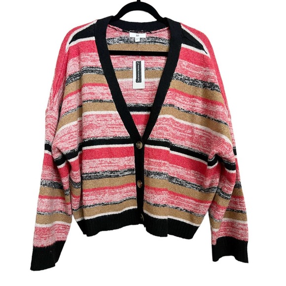 BP Nordstrom NWT Cropped Cardigan Button Down Stripe Red Black Sz 1X V Neck Knit - Picture 3 of 6